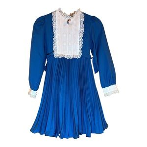 Vintage 80s Dorissa of Miami Teal Blue Lace Ruffle Victorian Pleated Dress 10